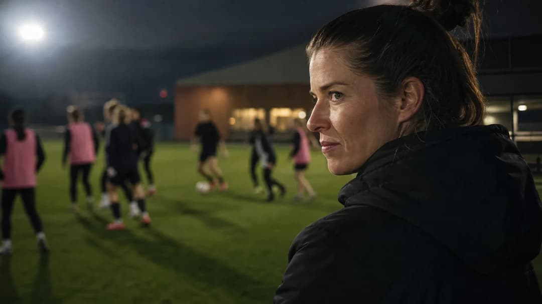 Over-the-shoulder shot of a woman observing a football training session in a modern facility.
