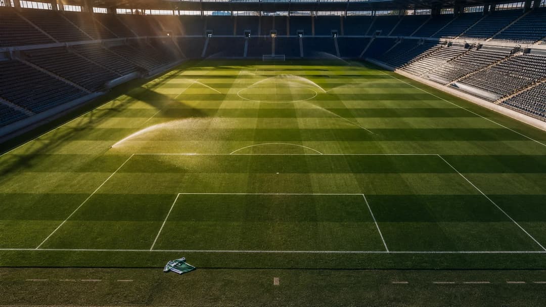 A bird's-eye view of an empty football pitch with a jersey lying on the ground.