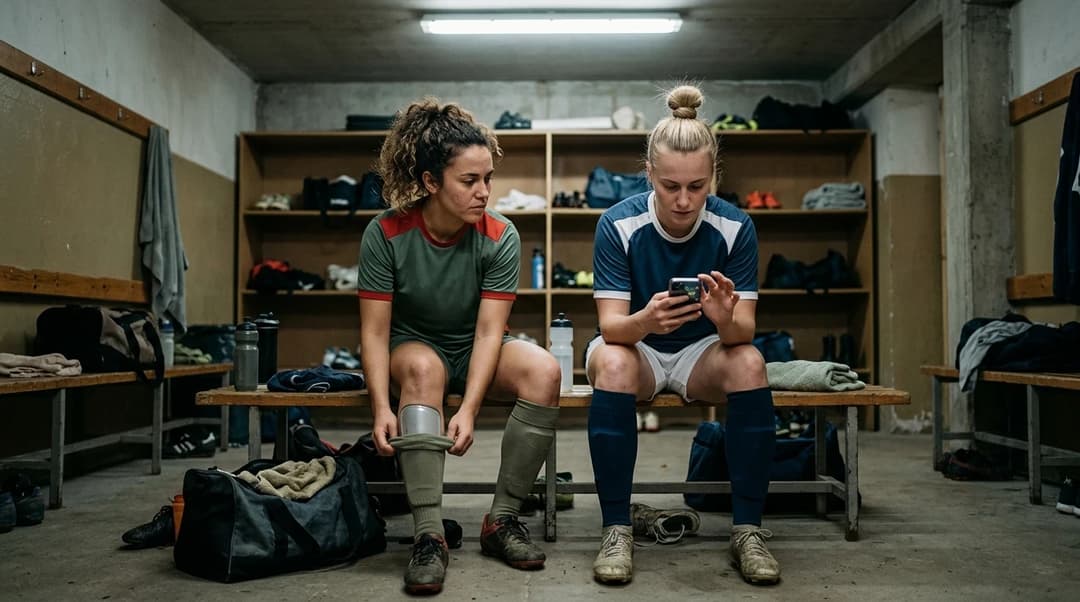 Two female football players sitting on a bench in a locker room, lost in thought.