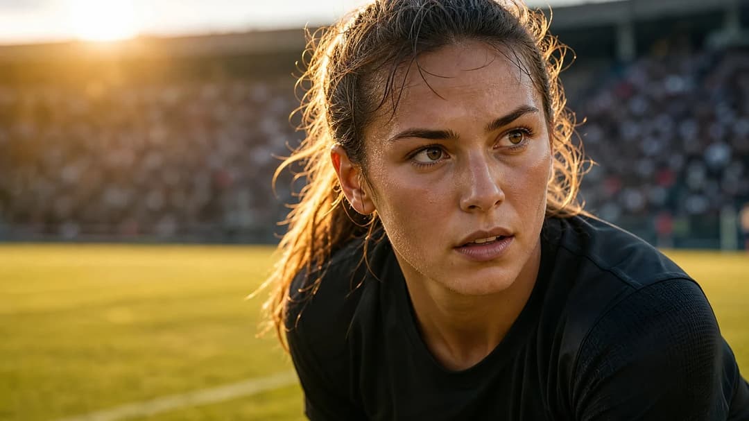 Close-up of a female football player with determination on her face in a stadium during golden hour.