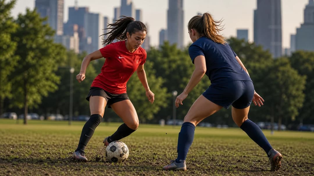 Two female soccer players practicing in a Chicago park, with a city skyline in the background.