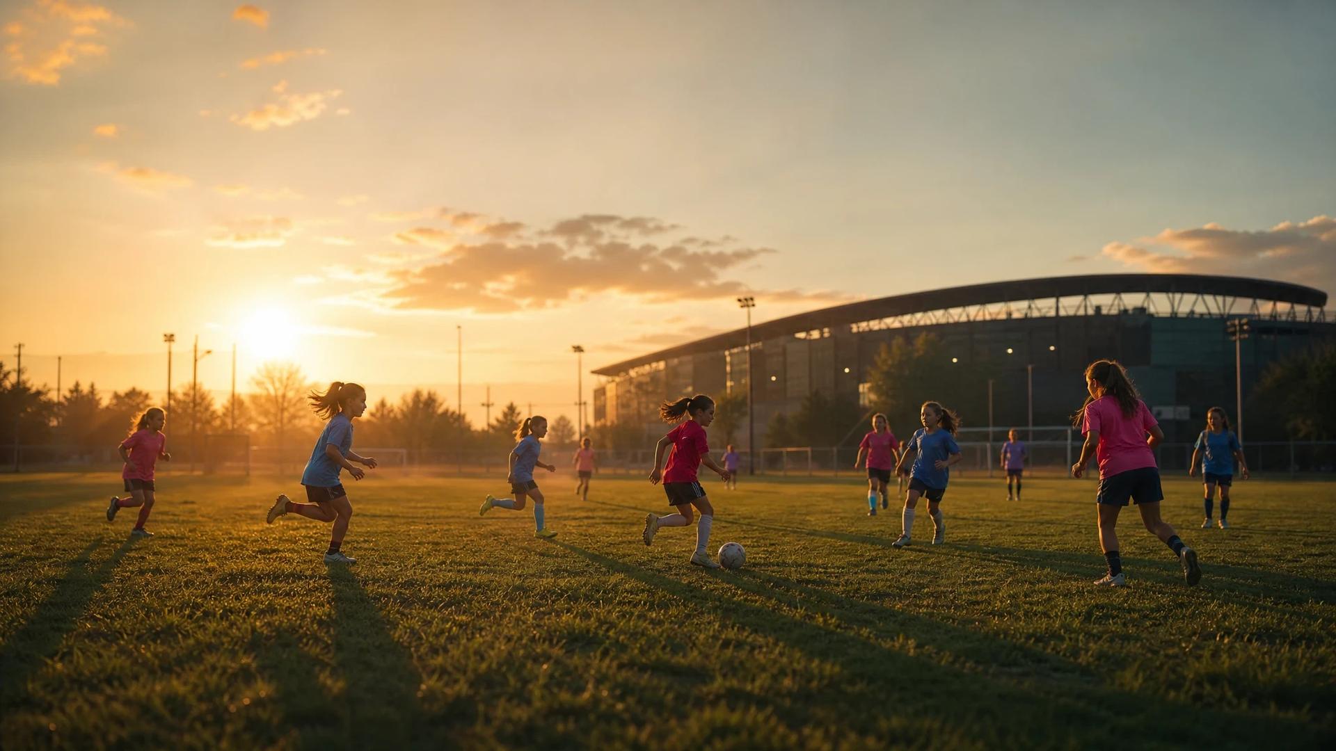 A wide shot of young girls playing soccer in a sunny field near a stadium.