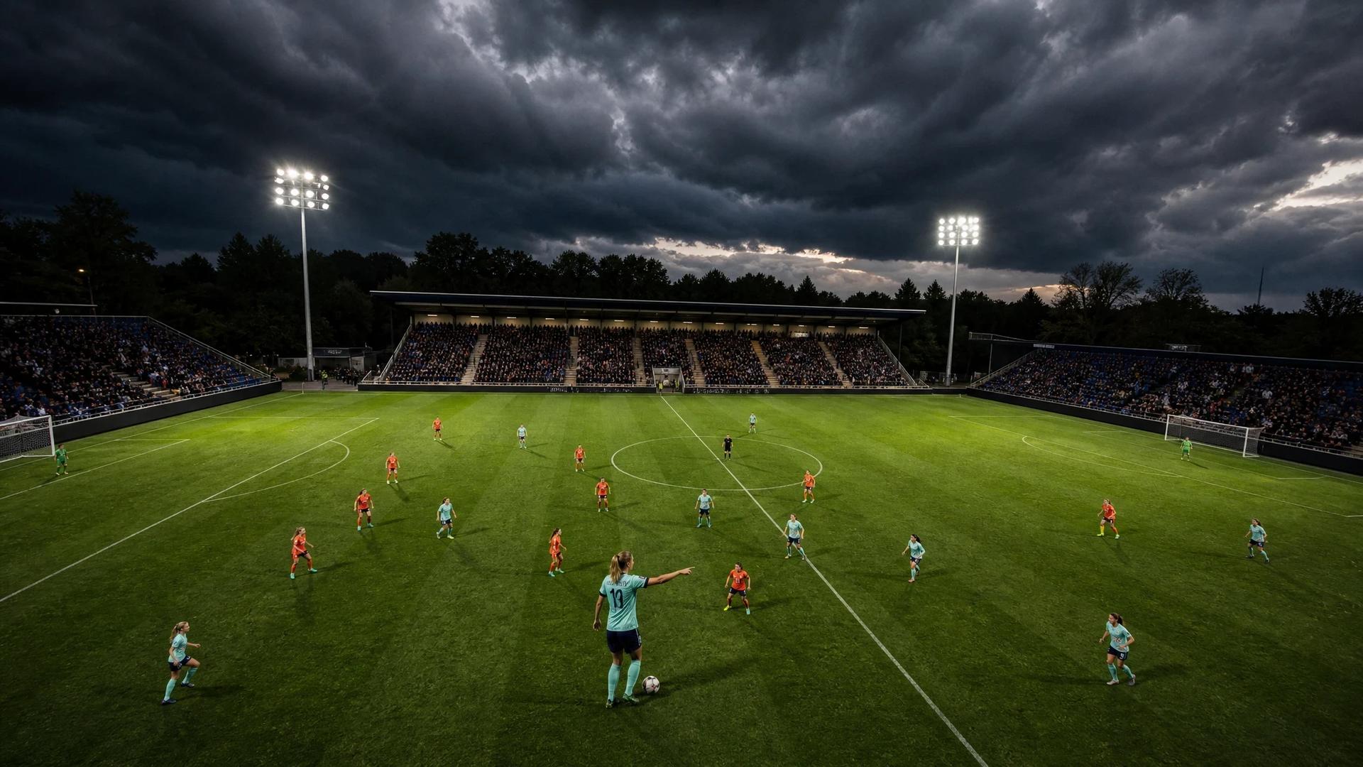 A bird's-eye view of a football match at Copperjax Community Stadium under stormy skies.