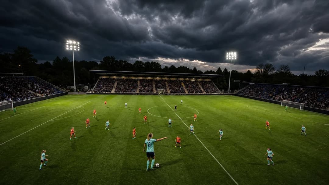 A bird's-eye view of a football match at Copperjax Community Stadium under stormy skies.