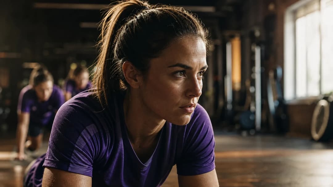 A close-up of a determined female football player from Orlando Pride training in a facility.