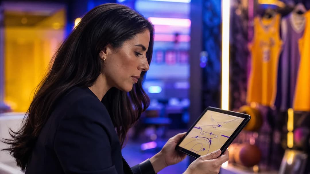 Ariana Andonian reviewing strategic plans on a tablet in a neon-lit environment.