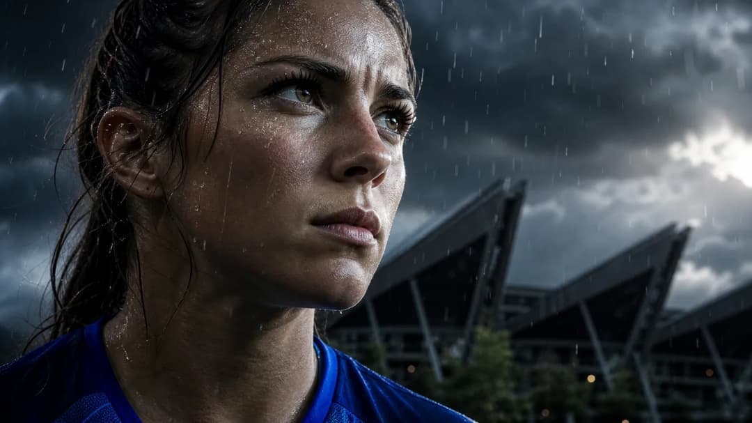 A close-up of a determined female football player from Seattle Reign FC during a stormy atmosphere.