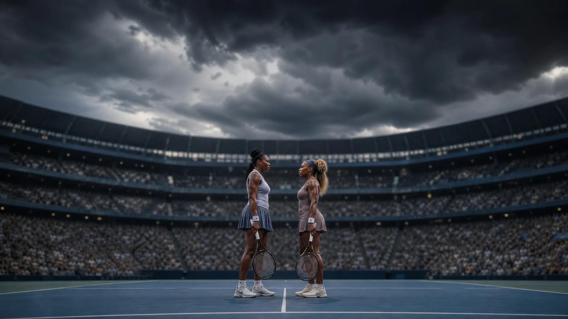 Serena and Venus Williams poised on the court under dark stormy clouds.