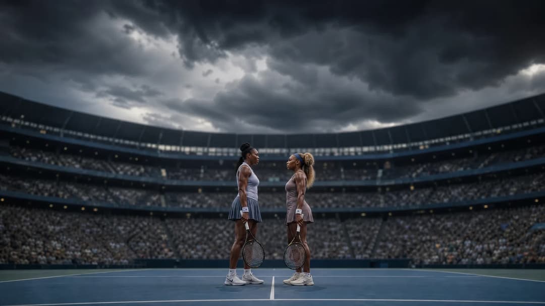 Serena and Venus Williams poised on the court under dark stormy clouds.