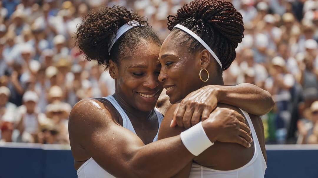 Serena and Venus Williams embrace each other on court, capturing a moment of connection amidst the crowd.