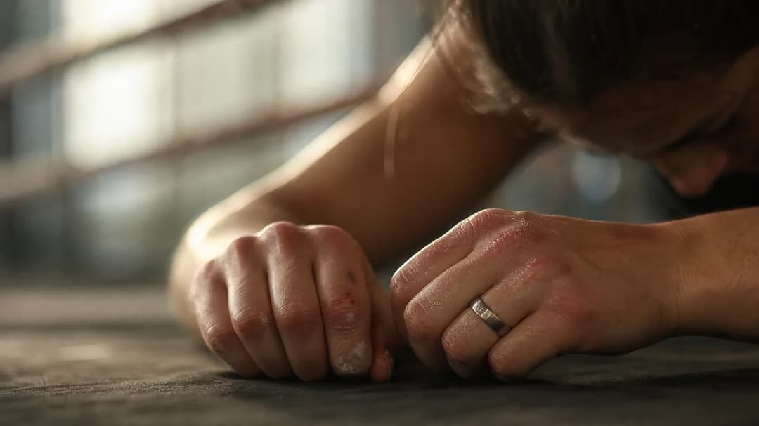 Close-up of Katie Taylor's hands resting on a boxing ring canvas.