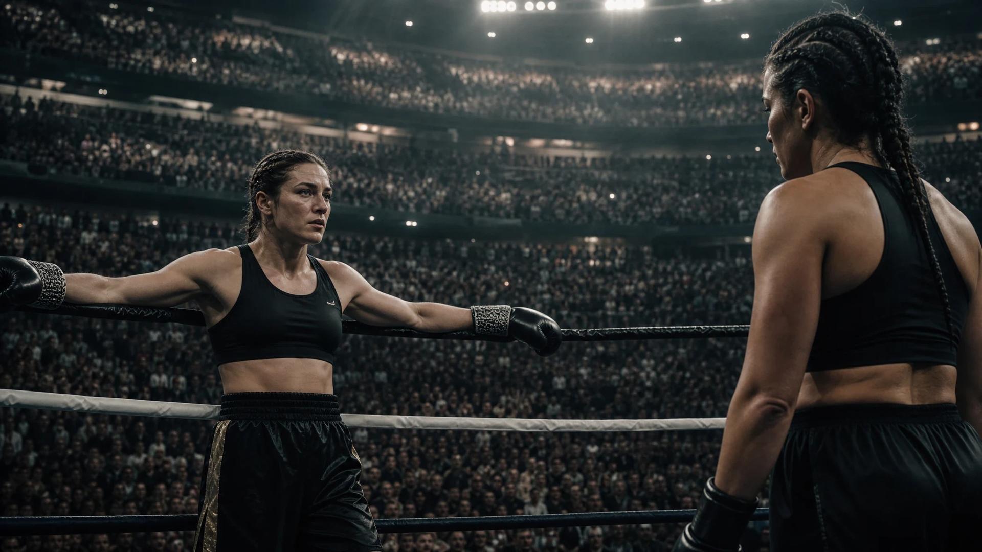 Katie Taylor stands in the boxing ring at Croke Park ready for her final fight against Flora Pili in front of a large crowd.