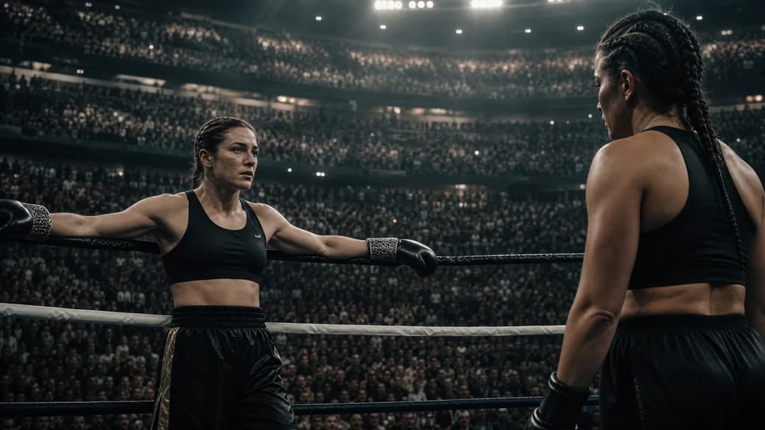 Katie Taylor stands in the boxing ring at Croke Park ready for her final fight against Flora Pili in front of a large crowd.