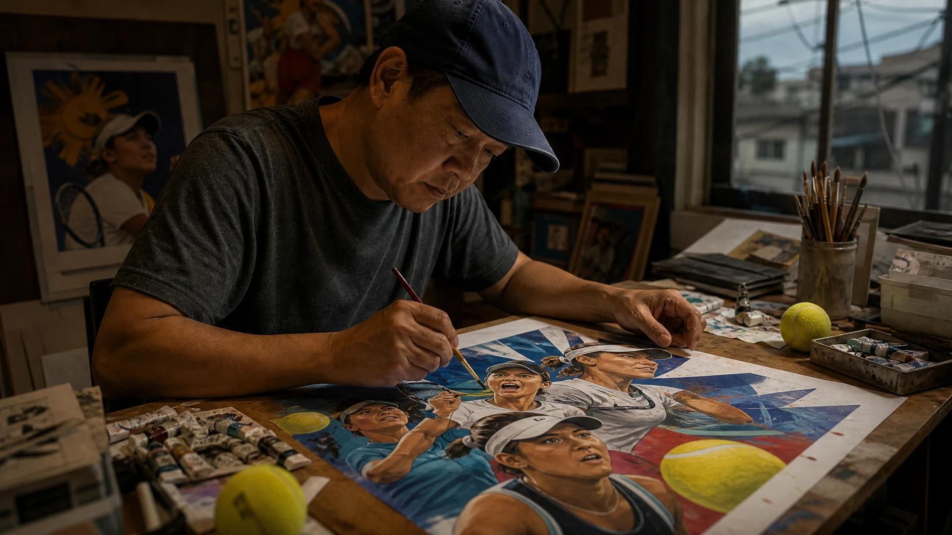 A Filipino artist designs vibrant posters to support tennis player Alex Eala in a studio setting.