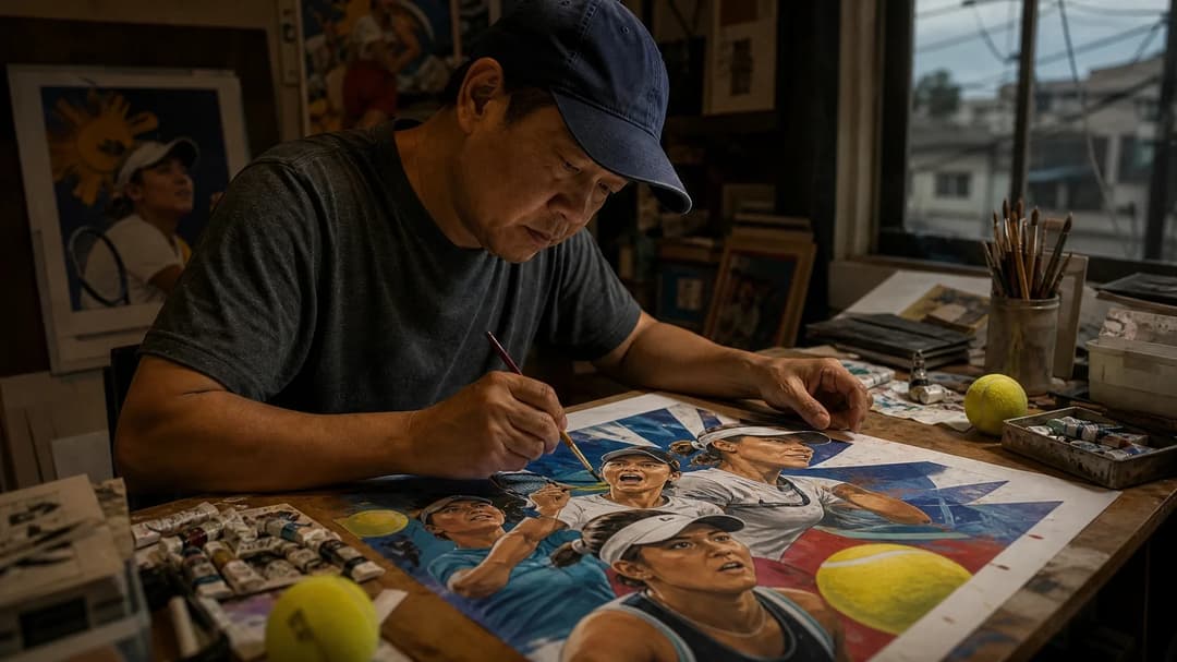 A Filipino artist designs vibrant posters to support tennis player Alex Eala in a studio setting.