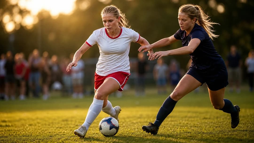 Two female football players in motion on a field during golden hour.
