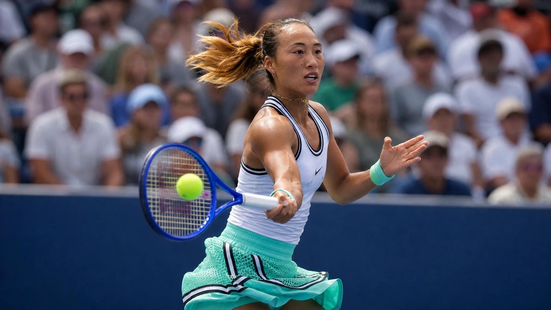 A tense moment at the U.S. Open as Zheng Qinwen prepares to hit a forehand shot during her match.