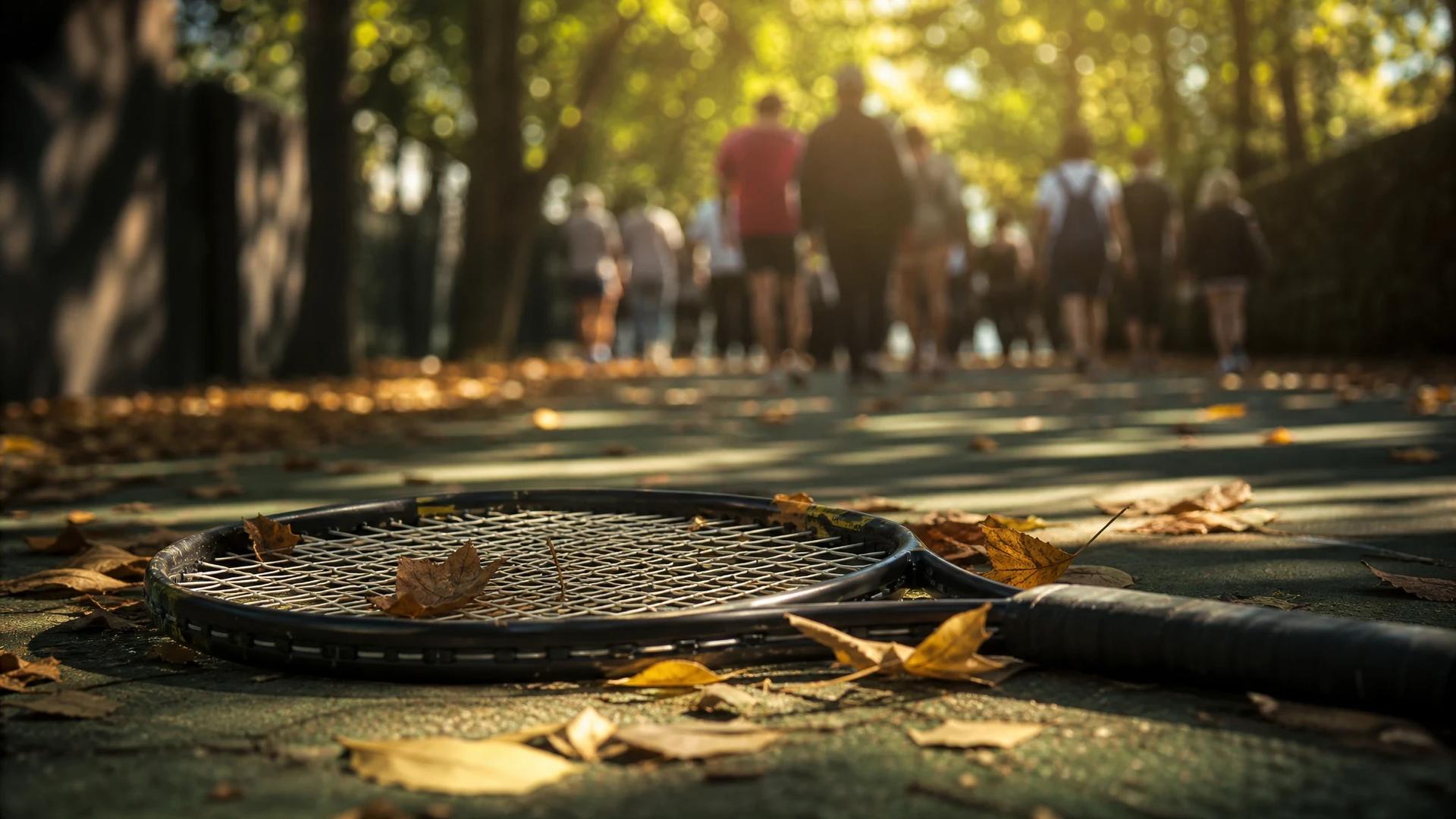 An extreme close-up of a tennis racket on the ground amidst fallen leaves, backlit by dappled sunlight.