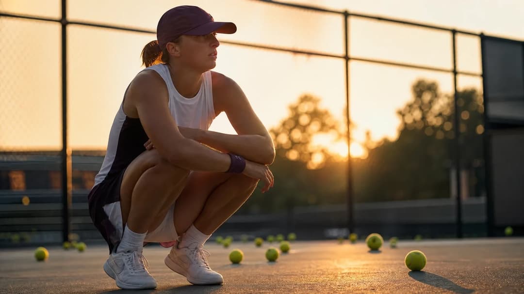 A contemplative Iga Swiatek in soft golden light before her match.