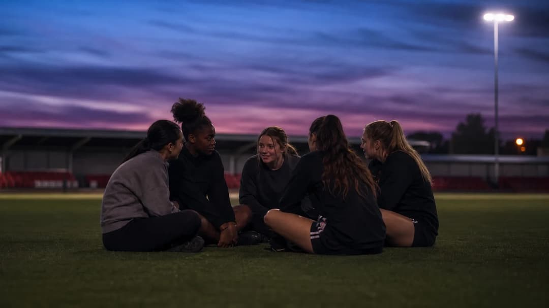 A candid moment of new West Ham United women's players conversing at dusk in the stadium.