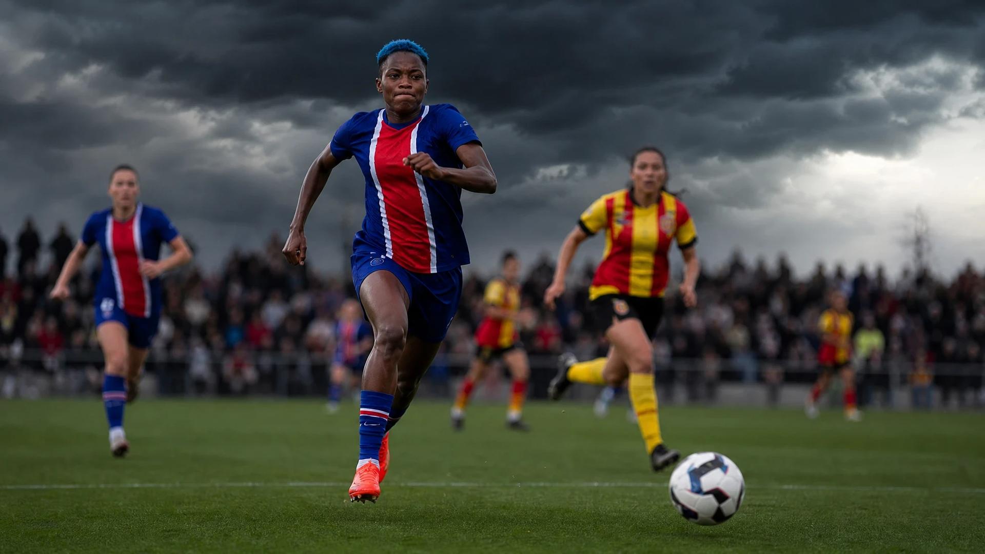 A football player in motion during a match, with storm clouds in the sky.