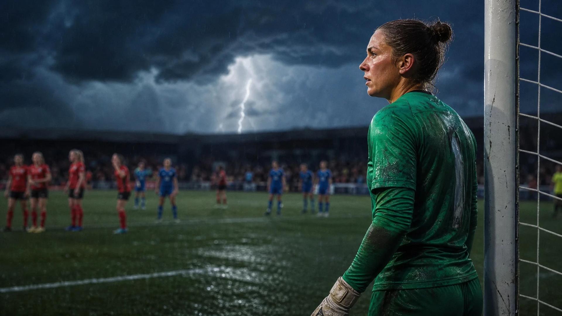 A goalkeeper stands ready in a stormy atmosphere as a penalty shootout is about to commence.