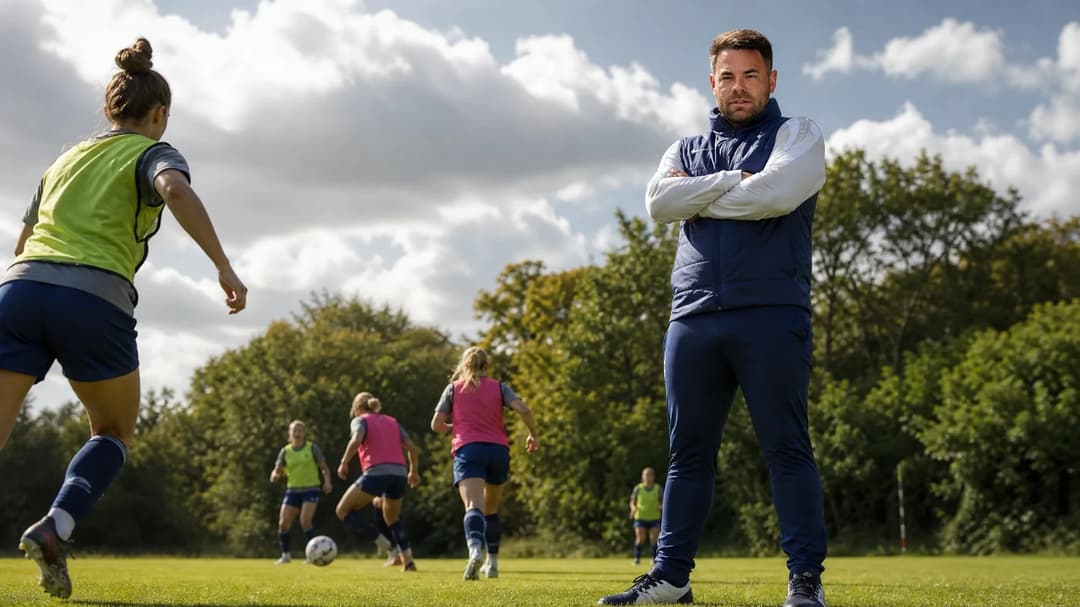 A confident Martin Ho supervising training, with players practicing on a training pitch.
