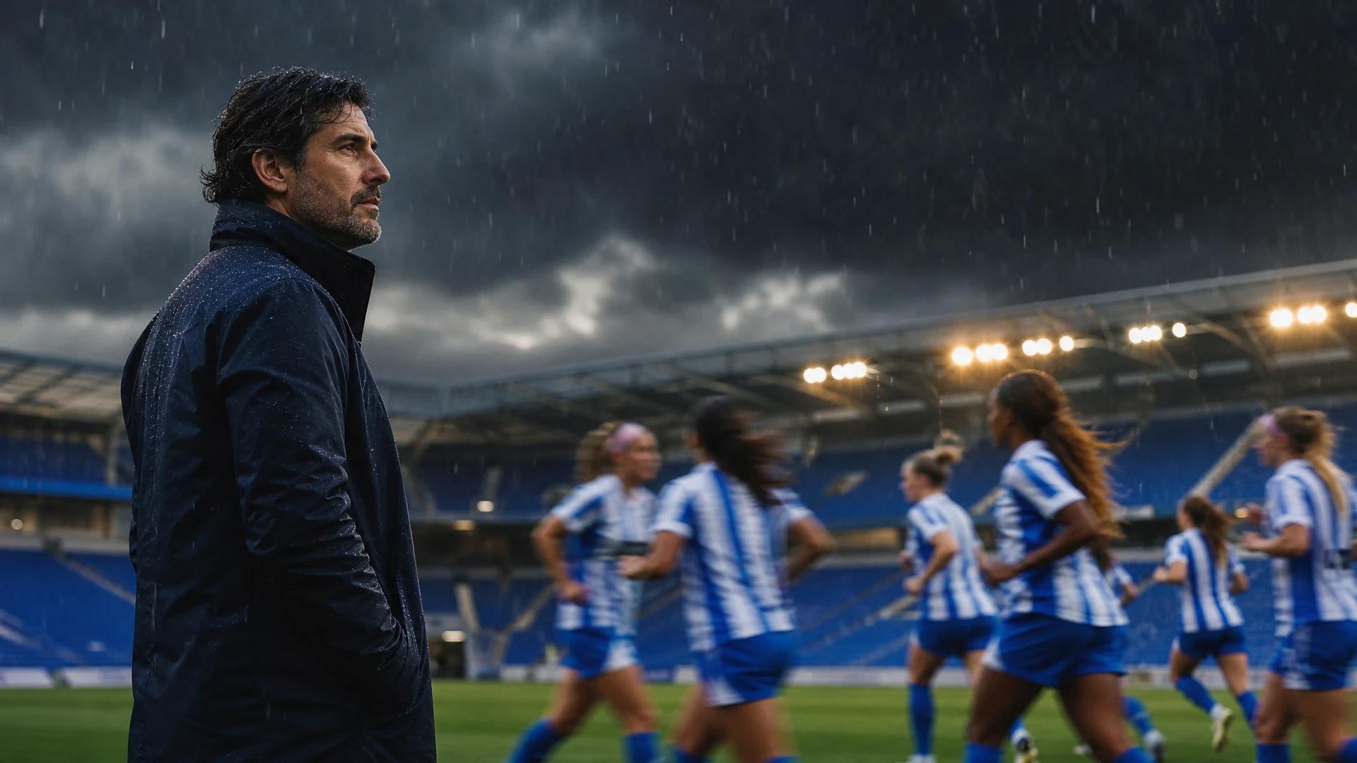 Brighton & Hove Albion head coach Arturo Ruiz observing the team after a match, under dramatic stormy skies.