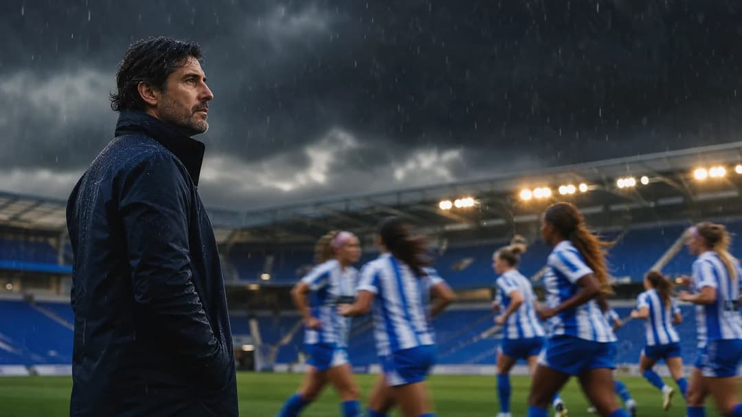 Brighton & Hove Albion head coach Arturo Ruiz observing the team after a match, under dramatic stormy skies.