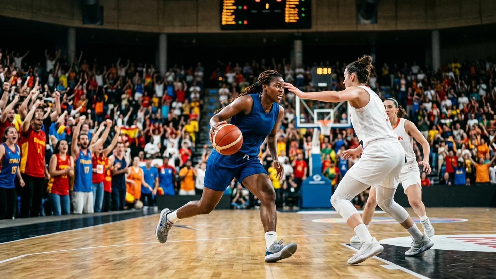 A female basketball player driving towards the basket during a game, with a cheering crowd in the background.