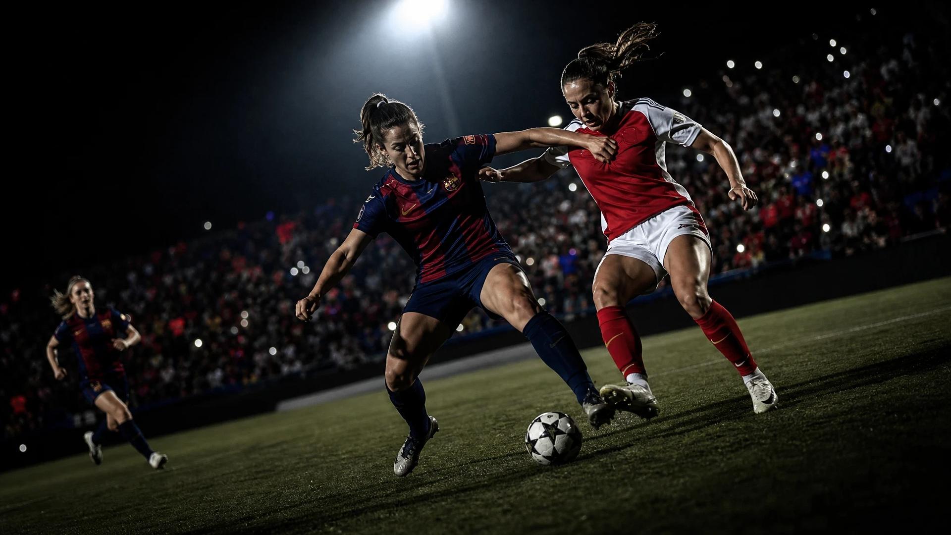 A tense moment in a Women's Champions League football match between Barcelona and Arsenal, showcasing players engaged in a pivotal play.