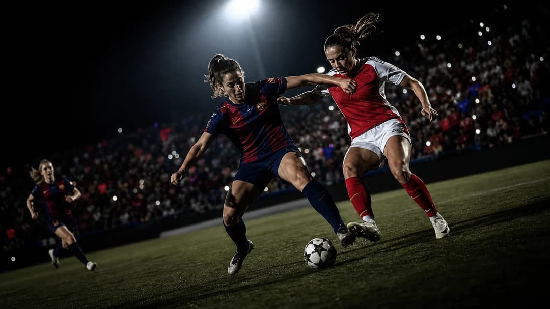 A tense moment in a Women's Champions League football match between Barcelona and Arsenal, showcasing players engaged in a pivotal play.