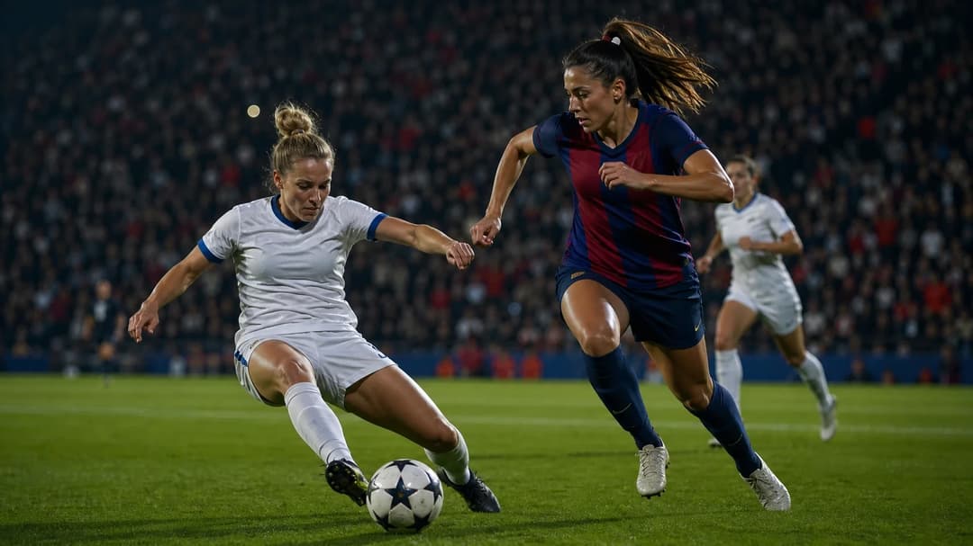 An intense football match scene between HB Koge and FC Barcelona, featuring players in action on the pitch.