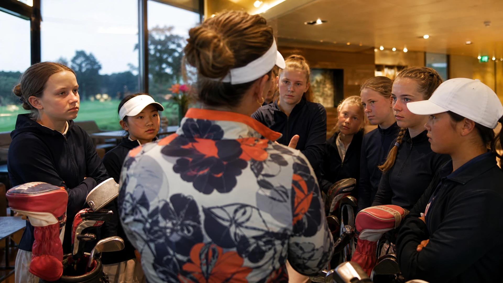 A group of young female golfers in a clubhouse discussing strategies for their upcoming matches.