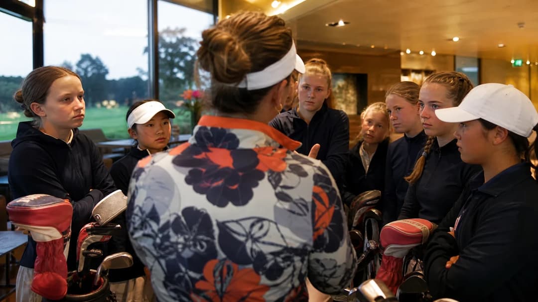 A group of young female golfers in a clubhouse discussing strategies for their upcoming matches.