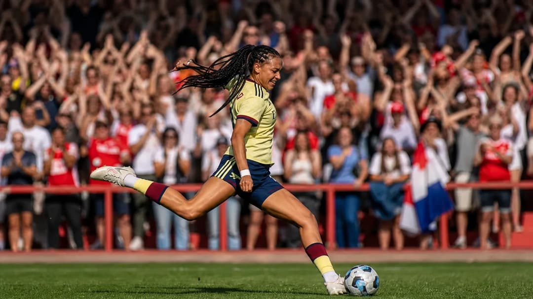 Teenage footballer Lisa Baum in action, silhouetted against a bright stadium background