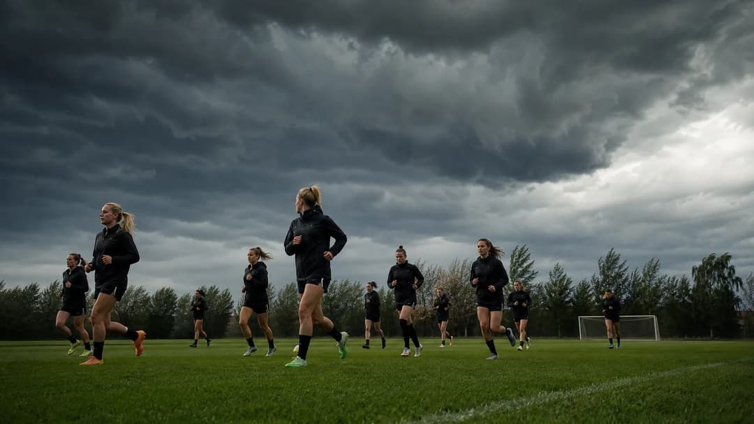Eintracht Frankfurt women's football team training under stormy skies.