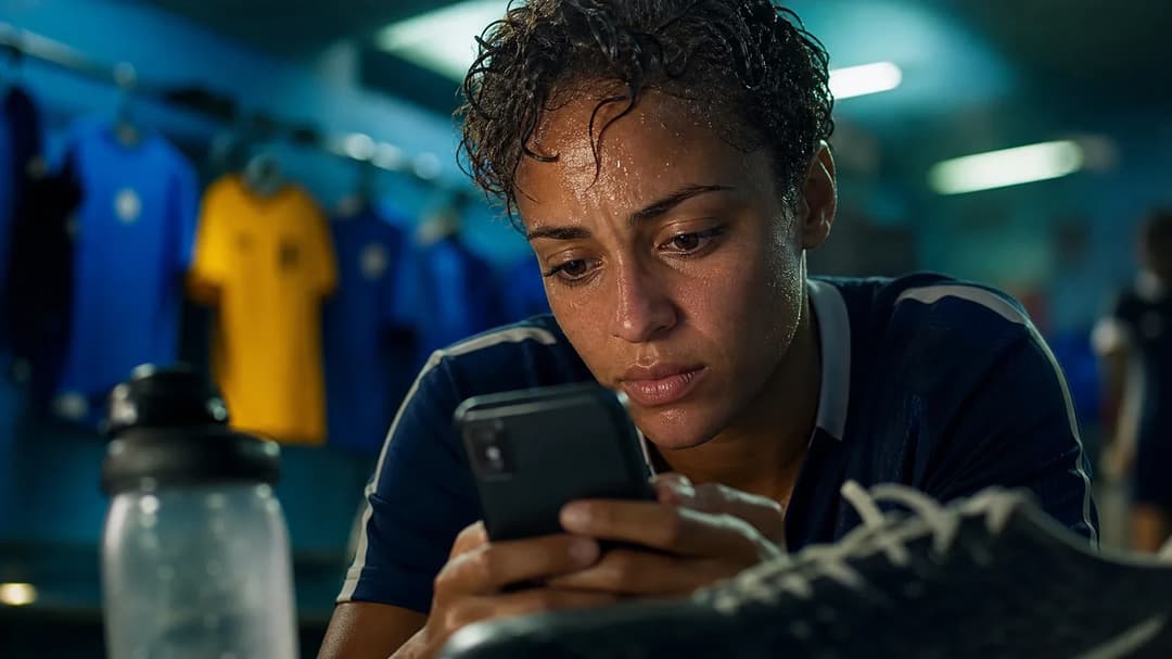 A close-up of a female football player in a locker room illuminated by fluorescent lights, focused on her phone.