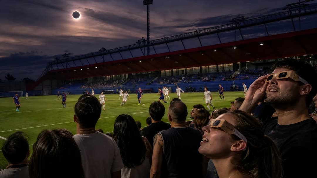 A medium shot of a football match during a solar eclipse, with fans wearing solar viewing glasses in the foreground and players in action in the background.
