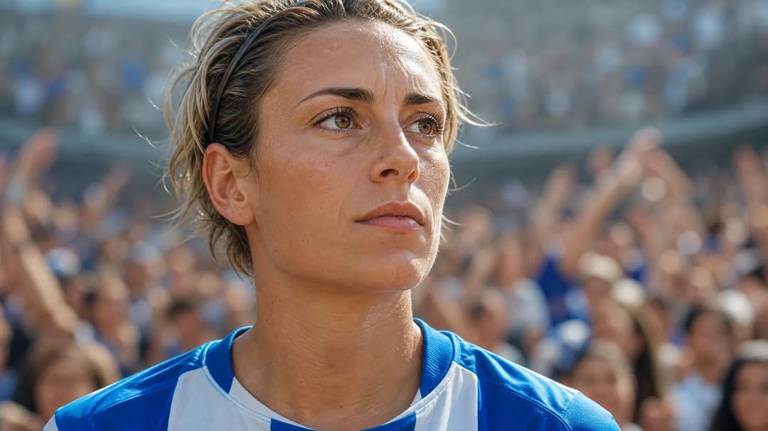 Close-up of Alexia Putellas, focused before a football match, with a blurred cheering crowd behind her.