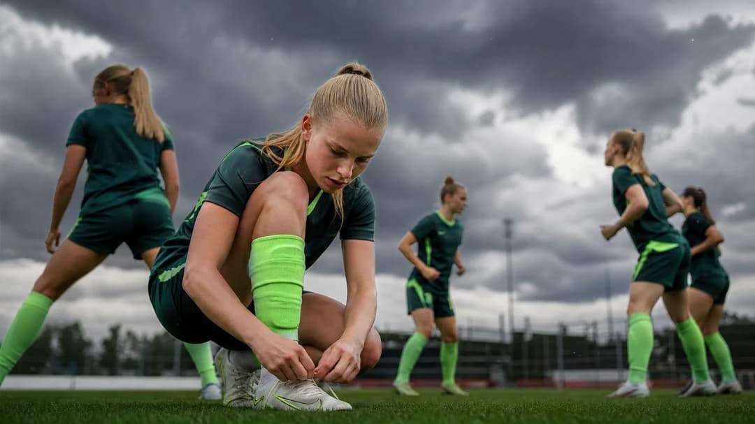 A female football player from VfL Wolfsburg focuses on tying her shoelaces while her teammates warm up in the background under stormy clouds.