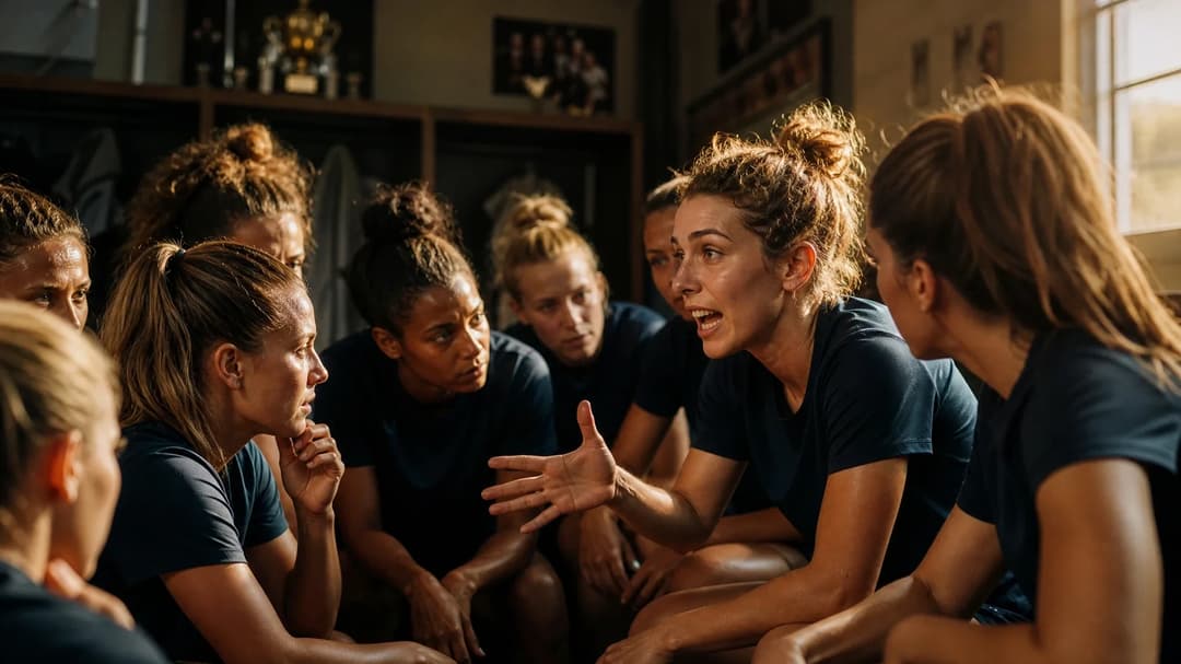 A group of female football players in a locker room, engaged in a strategic discussion.