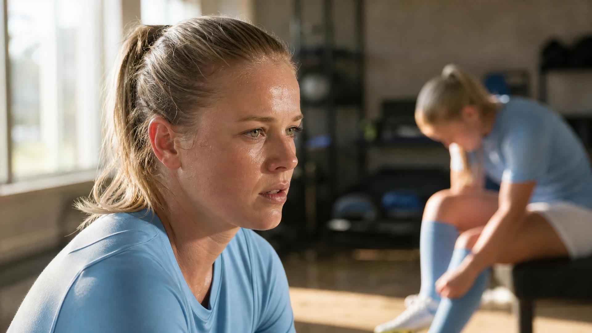 Extreme close-up of a female football player preparing for a match in a softly lit training facility.