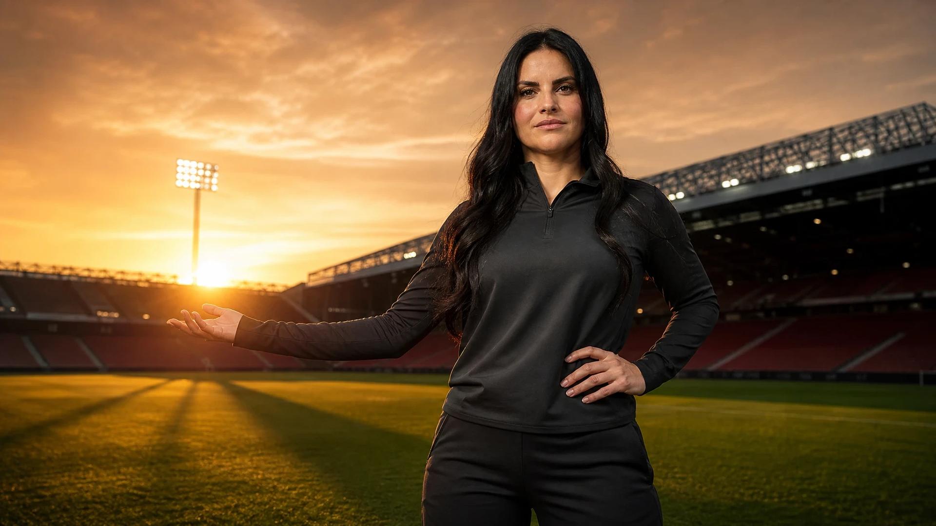 A female football coach confidently steps onto the training pitch at Old Trafford against a sunset backdrop.