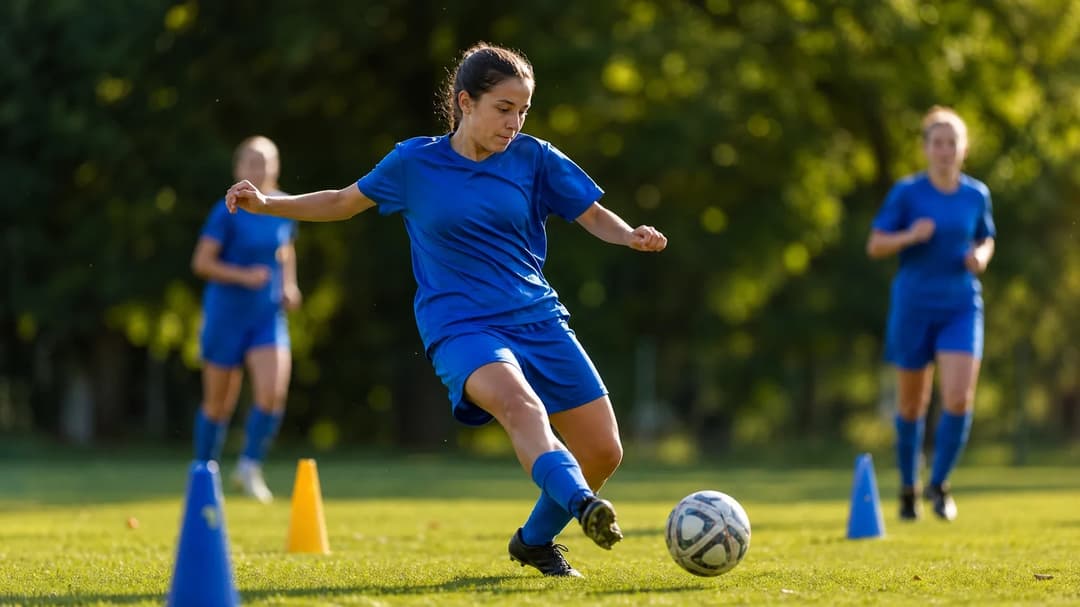 A female football player passes the ball during training, surrounded by a lush green environment.