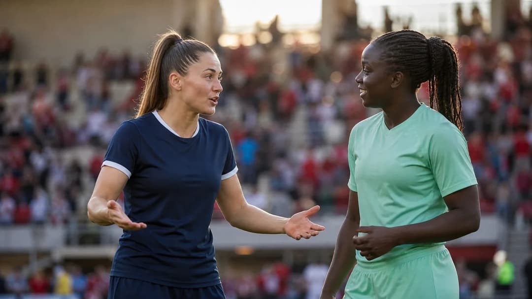 Two football players, Nicole Billa and Emöke Papai, engage in conversation post-match.