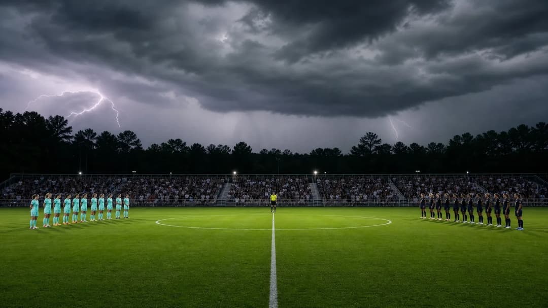 A wide shot of a soccer pitch with players lined up, heavy storm clouds overhead.