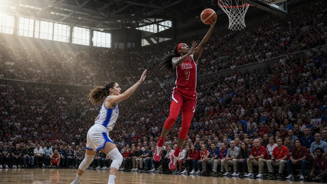 A basketball match scene featuring Jackie Young of Team USA shooting in an intense game against Italy, with a lively crowd in the background.