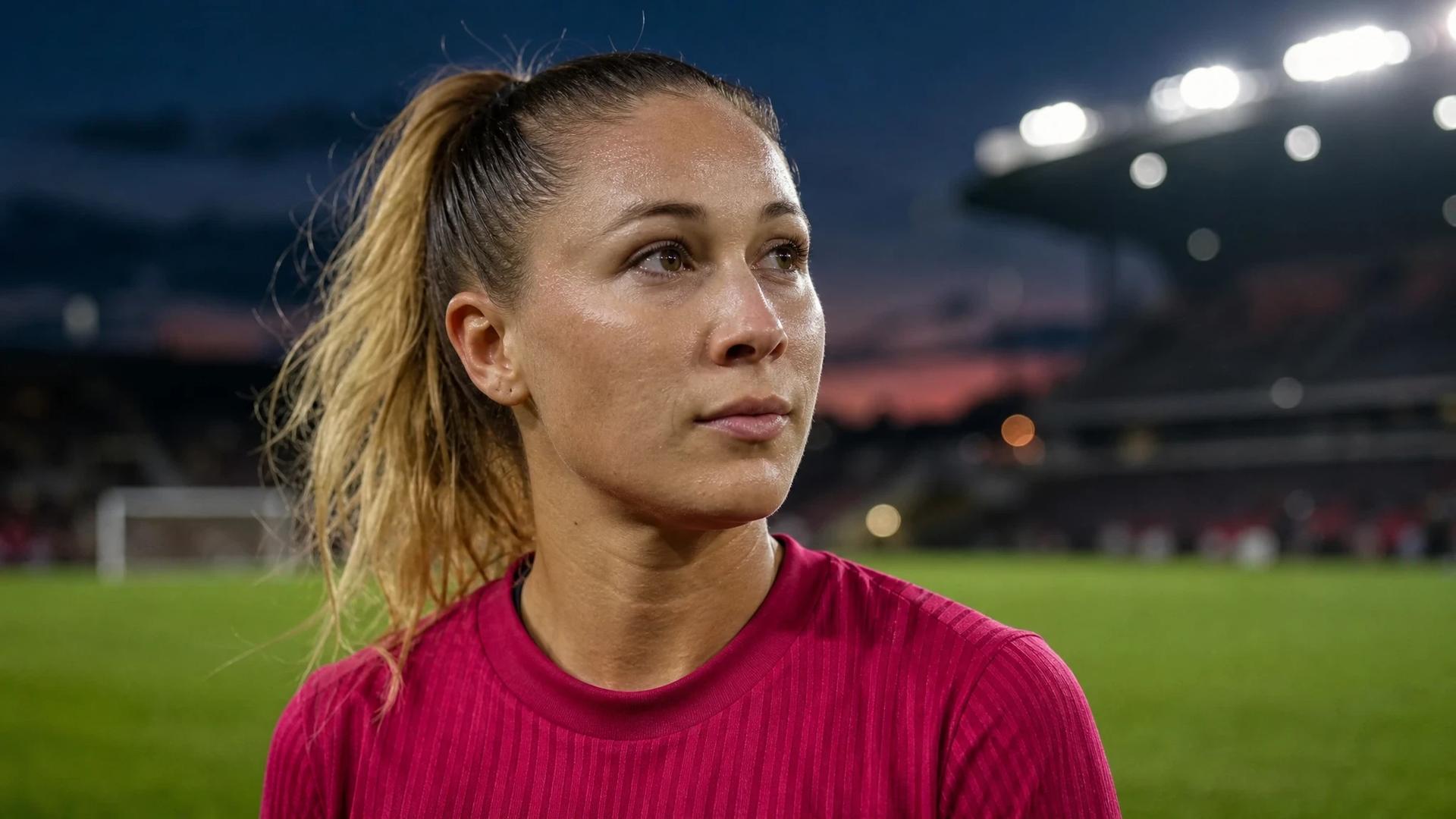 A close-up of football player Yazmeen Ryan reflecting on the pitch after a match.