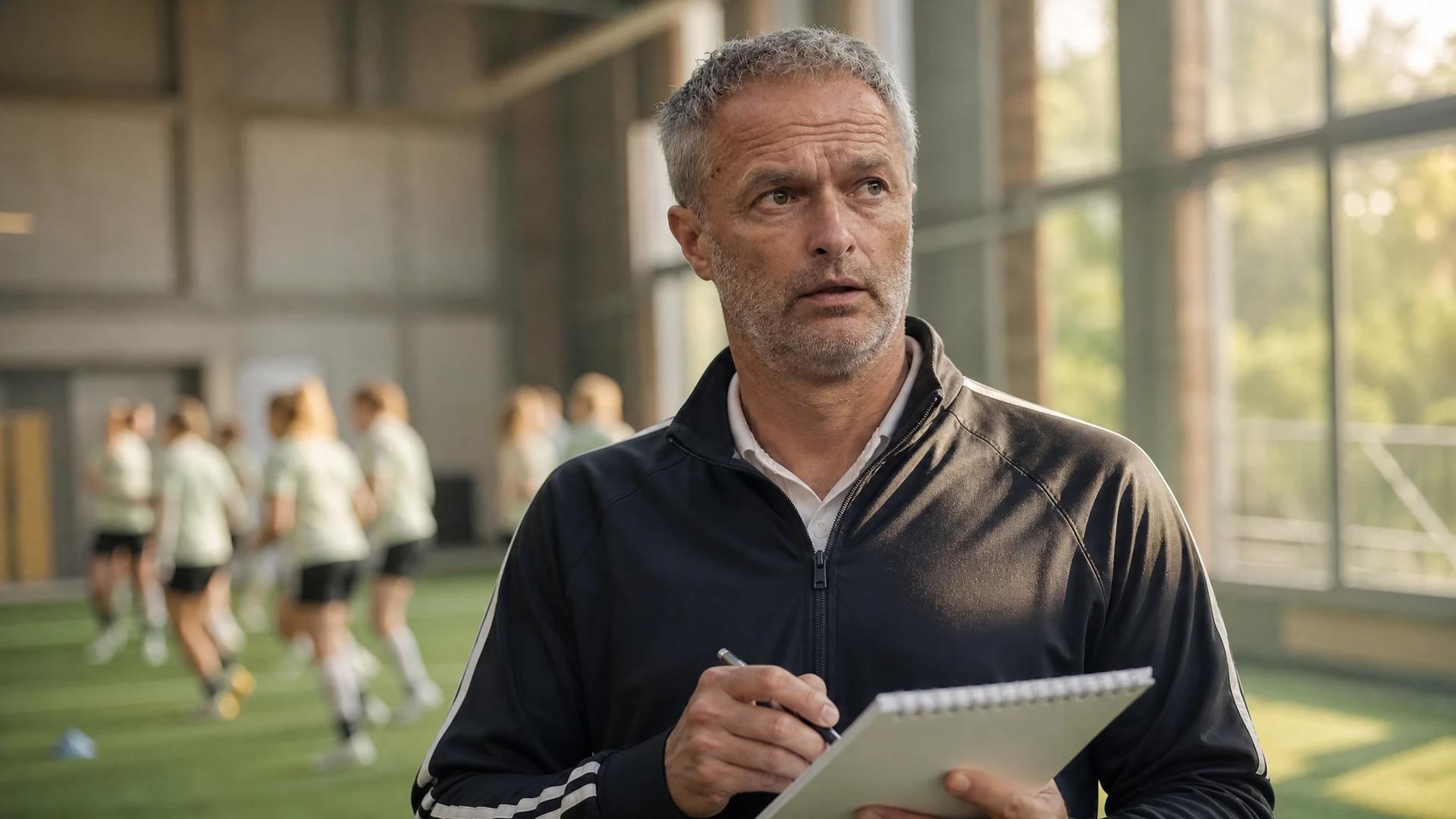 Close-up of coach Christian Wück contemplating strategies in a training facility, with players blurred in the background.
